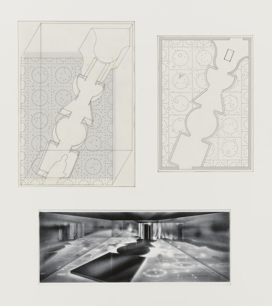 axonometric drawing and floor plan of the Reflecting Space from the exhibition Tokyo:  Form and Spirit
