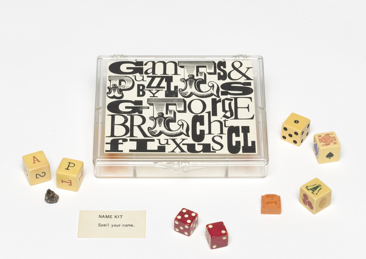 Top of case, closed - with contents displayed around it.