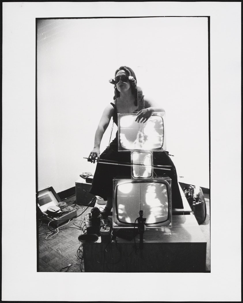 Charlotte Moorman Performing Nam June Paik's "Concerto for TV Cello and Videotapes" 
