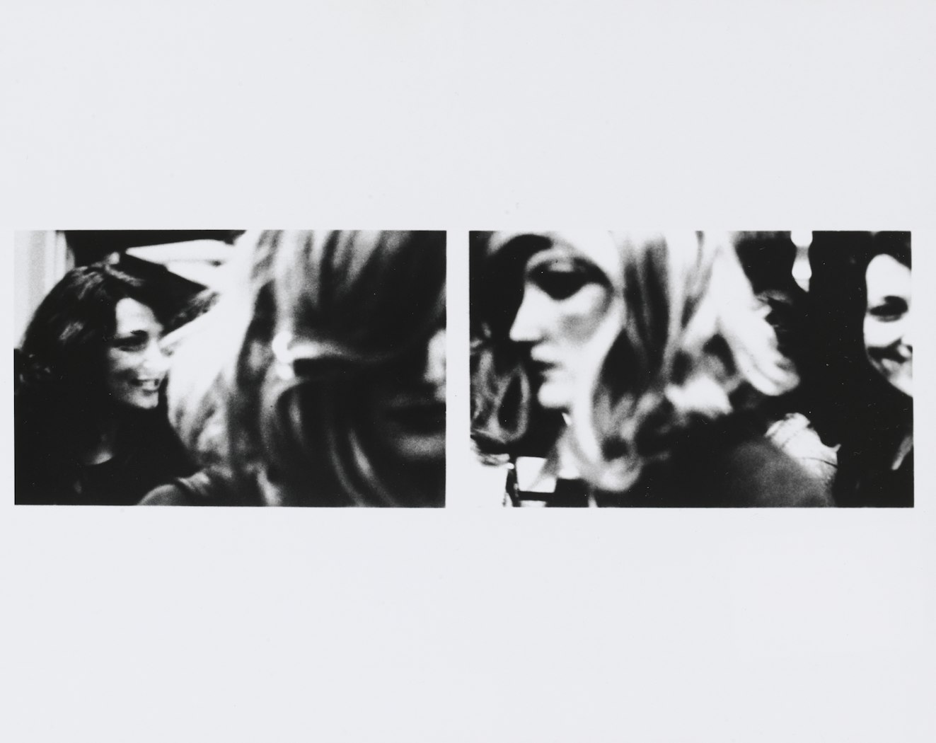 Lynn Hershman Leeson (left) and Kristine Stiles dressed as Roberta Breitmore (right) at a San Francisco gallery opening, 1976; and Kristine Stiles dressed as Roberta Breitmore (left) and Lynn Hershman Leeson (right) at a San Francisco gallery opening, 1976