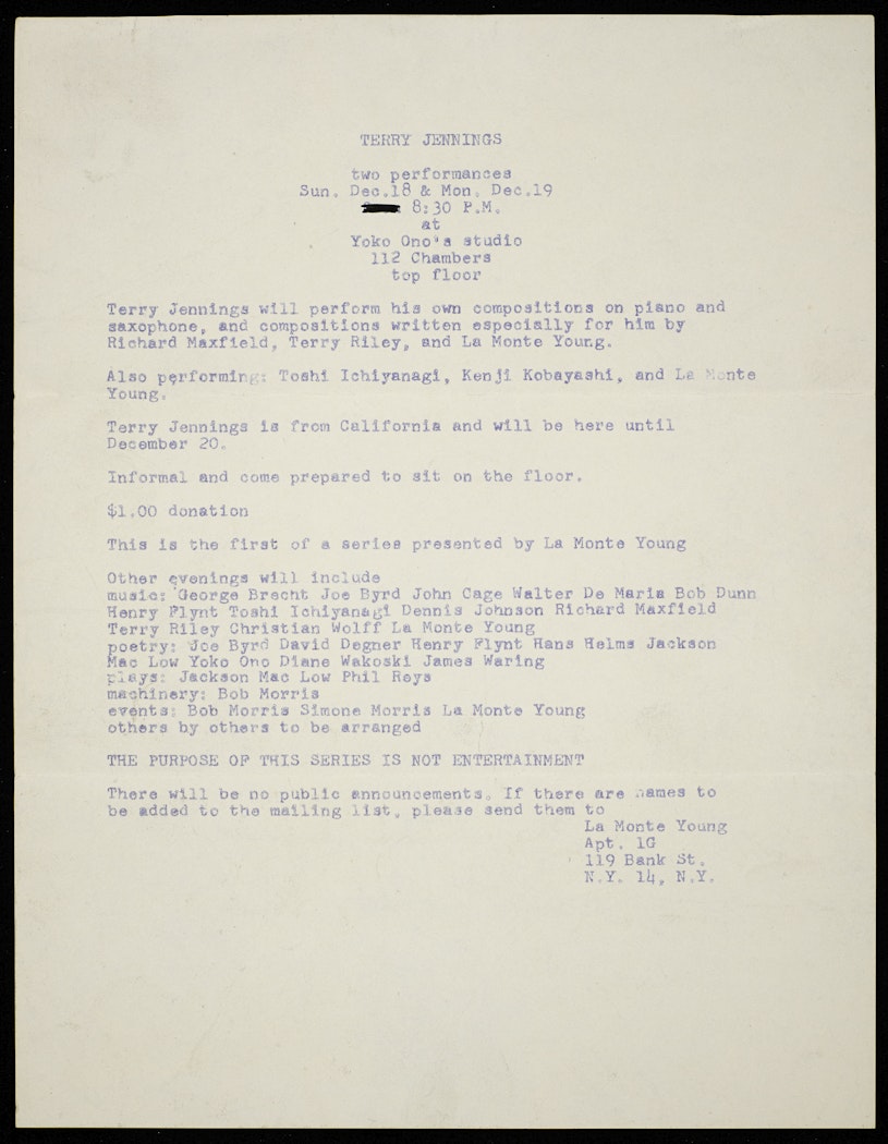 Program for "Terry Jennings" from Chambers Street Loft Series, Yoko Ono's Loft, New York