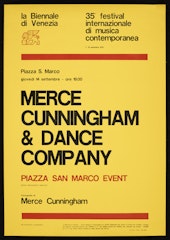 poster for Merce Cunningham Dance Company: Piazza San Marco Event 35° festival internazionale di musica contemporanei September 14, 1972