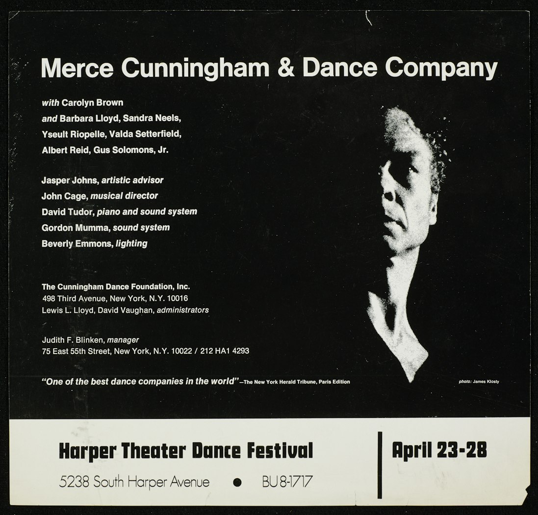 poster for Merce Cunningham Dance Company, Harper Theater Dance Festival April 23-28, 1968