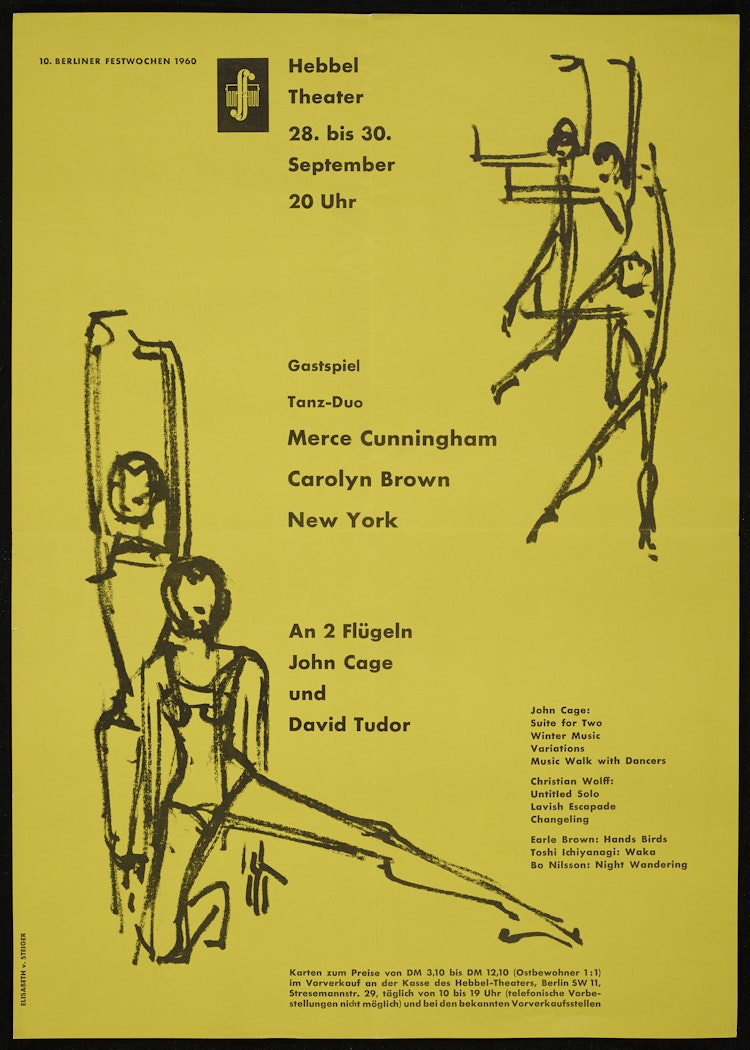 poster for 10 berliner Festwochen 1960: Gastspiel Tanz-Duo Merce Cunningham, Carolyn Brown New York Hebbel Theater, September 28- 30, 1960