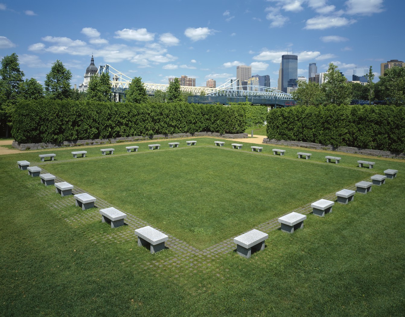 Benches installed in Minneapolis Sculpture Garden in summer, ca 1995