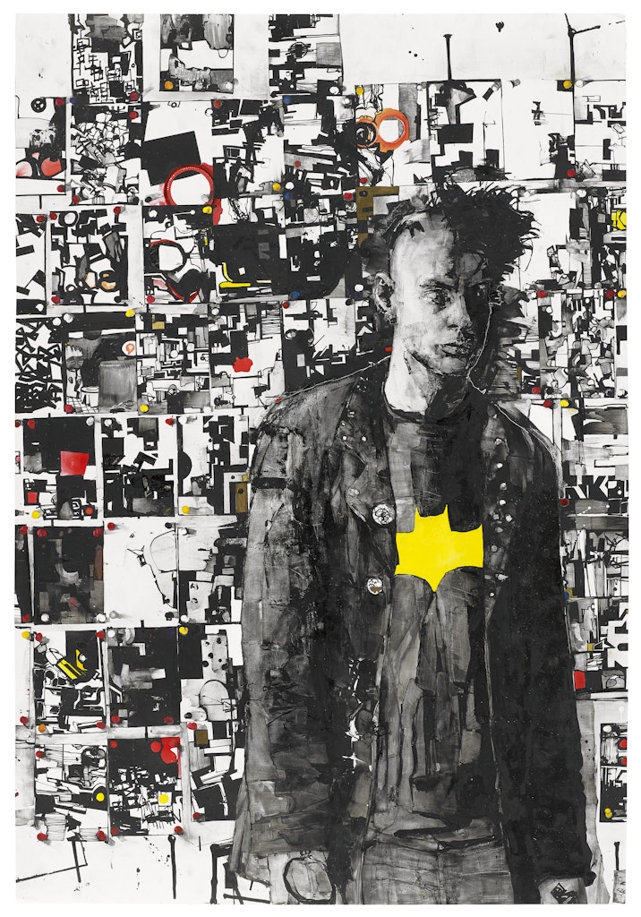 Self-Portrait with a Bunch of Pictures Pinned to the Wall