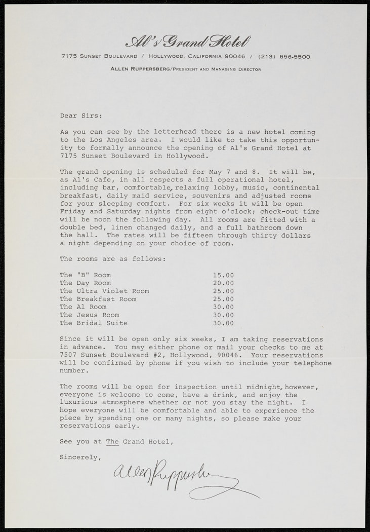 announcement letter and envelope for Al's Grand Hotel 