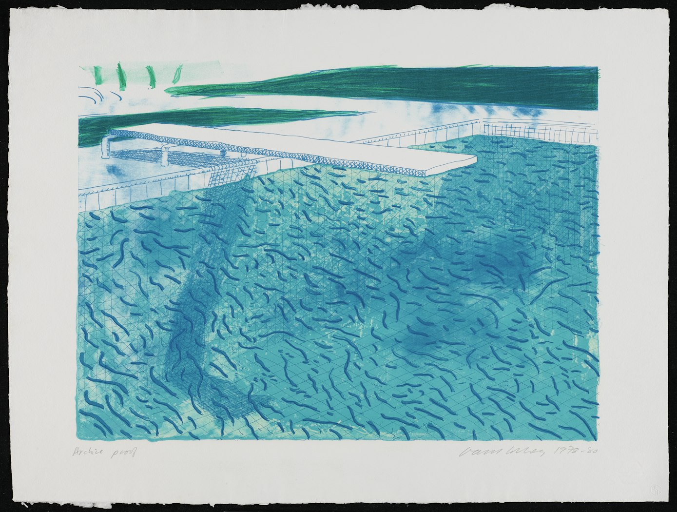 Lithograph of Water Made of Thick and Thin Lines, a Light Blue Wash and a Dark Blue Wash