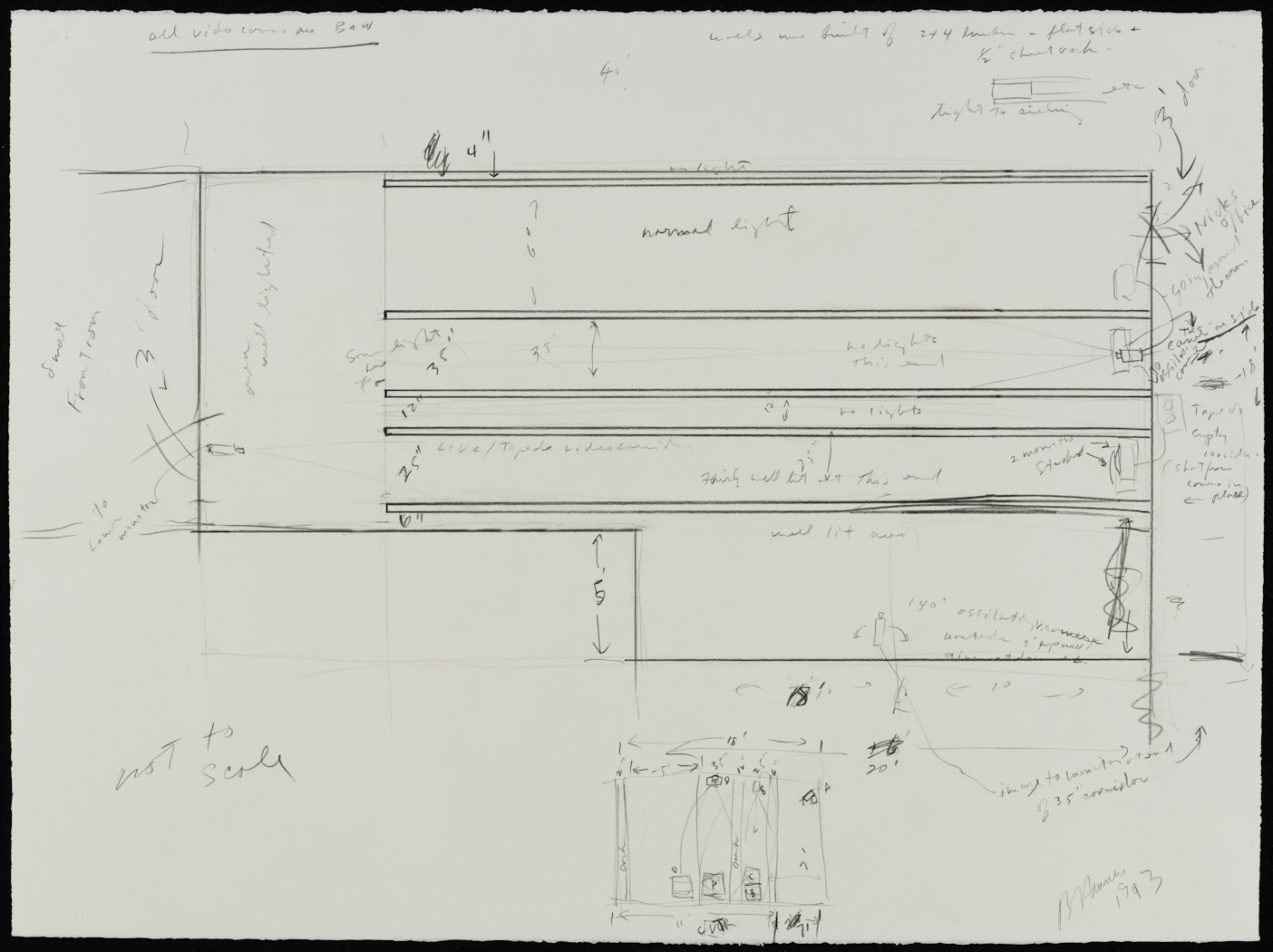 drawing for the 1993 reconception of Corridor Installation (Nick Wilder Installation) 1970 for the Walker Art Center-organized exhibition Bruce Nauman