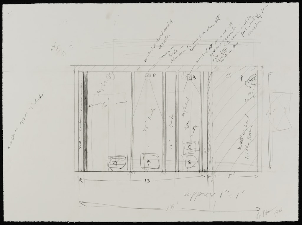Drawing for the 1993 reconception of Corridor Installation (Nick Wilder Installation) 1970 for the Walker Art Center-organized exhibition Bruce Nauman