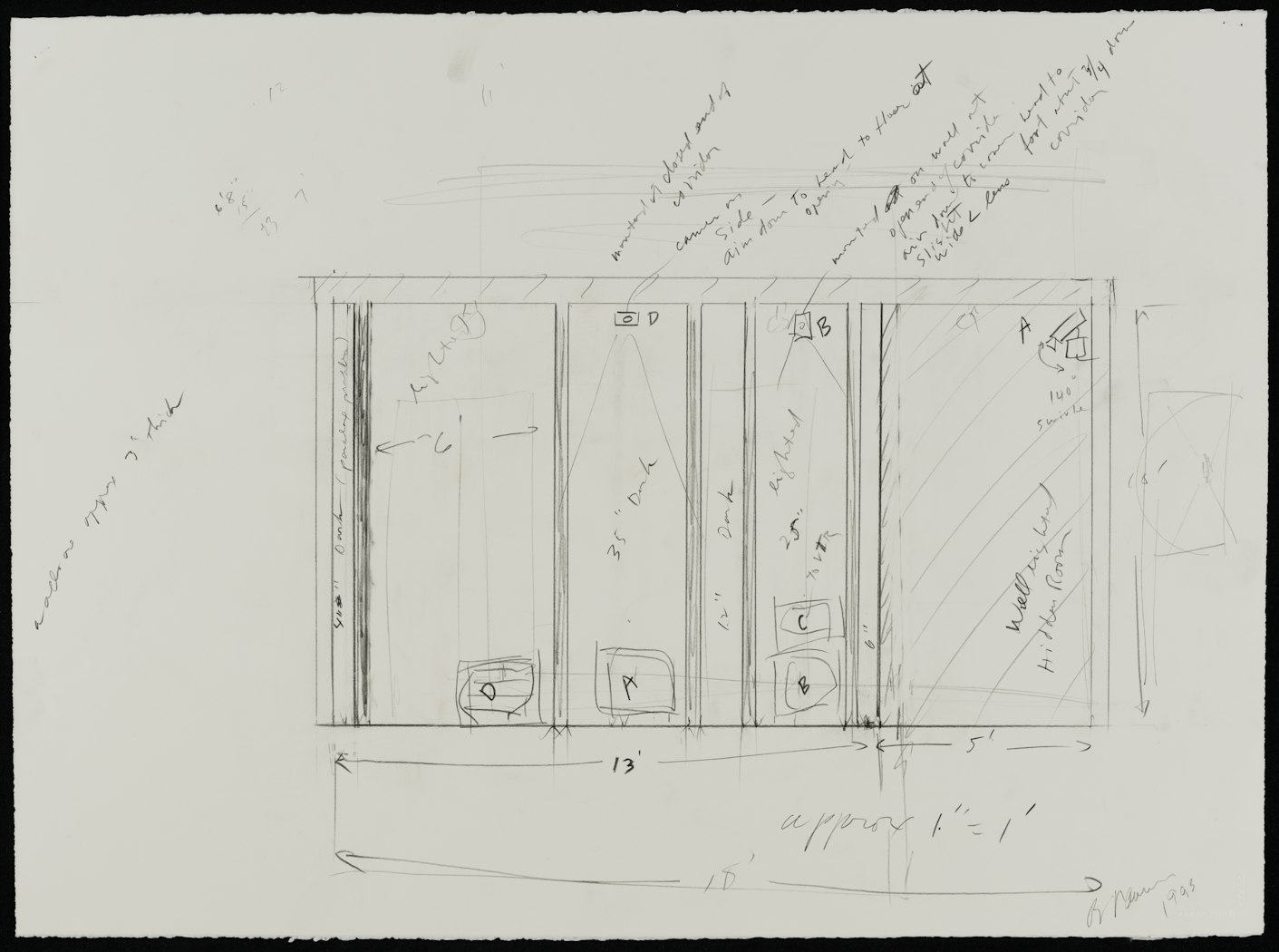 Drawing for the 1993 reconception of Corridor Installation (Nick Wilder Installation) 1970 for the Walker Art Center-organized exhibition Bruce Nauman