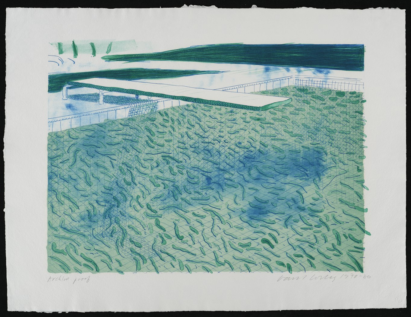 Lithograph of Water Made of Lines a Green Wash and a Light Blue Wash