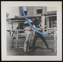Blue Masterstroke Over Red Diagram and Two Cowboys