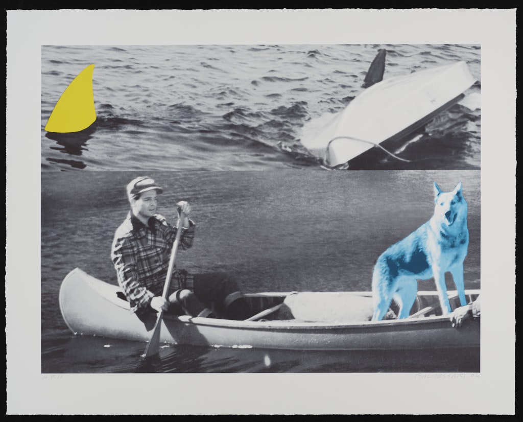 Man, Dog (Blue), Canoe/Shark Fins (One Yellow), Capsized Boat