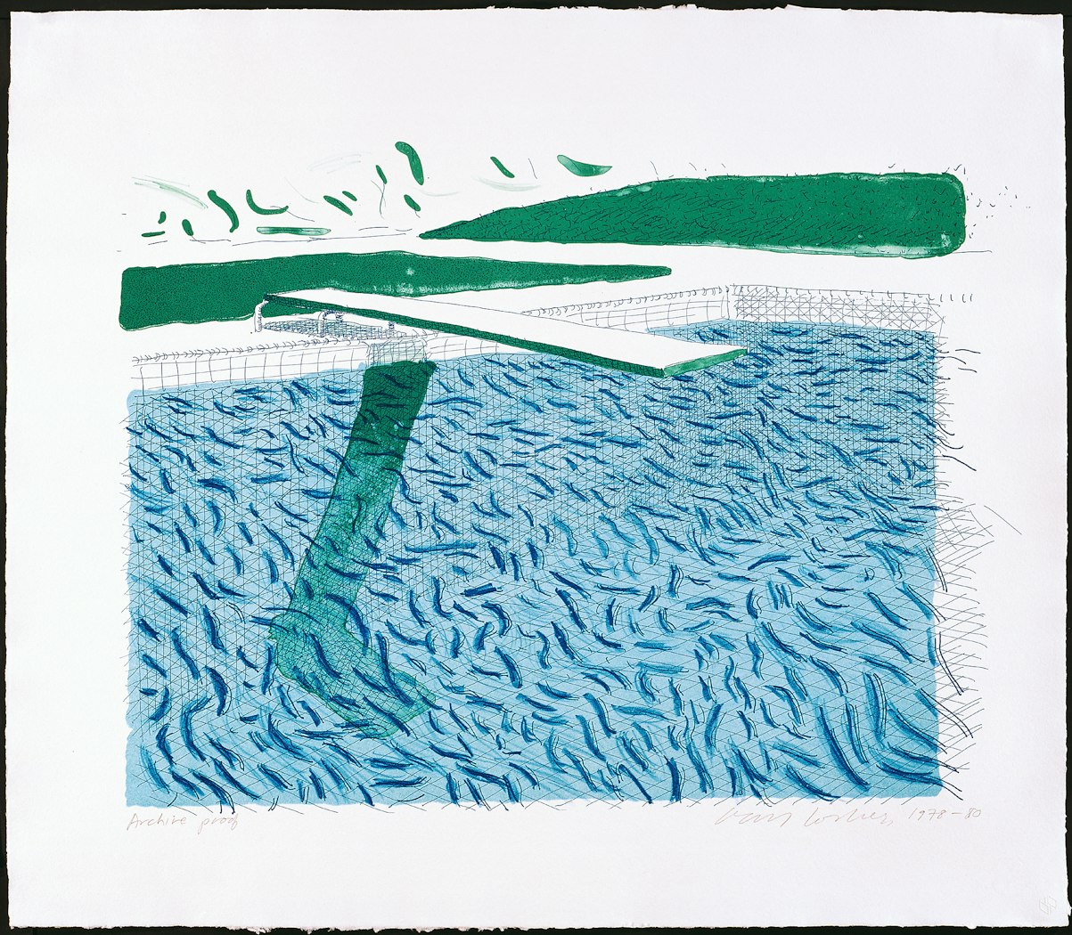 Lithograph of Water Made of Lines, Crayon and a Blue Wash