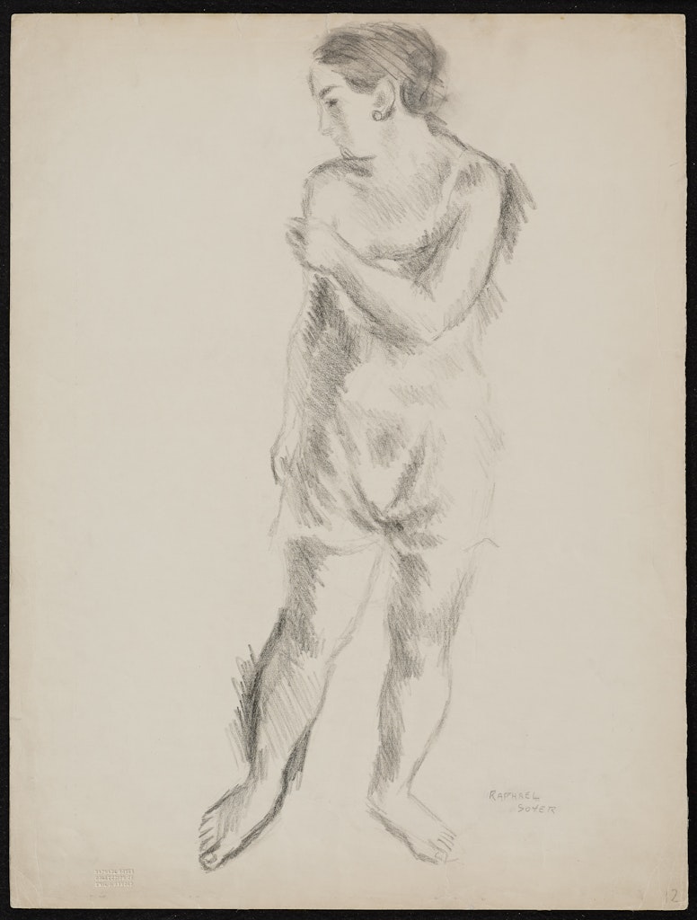 Standing Female with Chemise, Lowering Strap on Right Shoulder