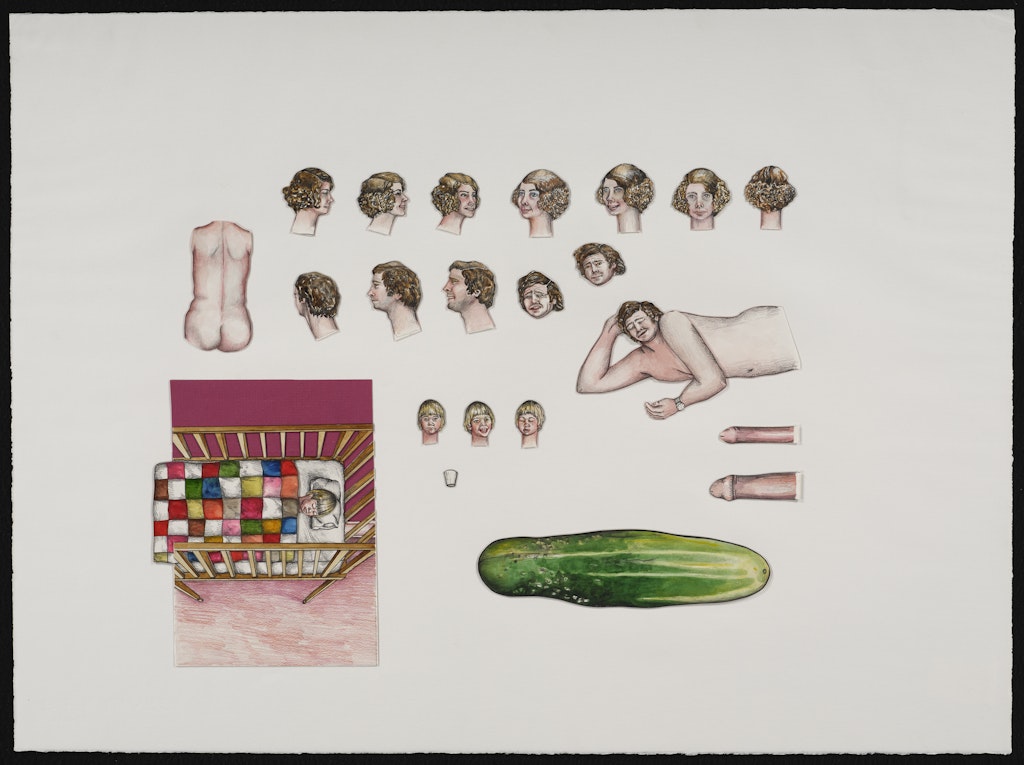 untitled drawing for Crocus (torsos, heads, baby in crib, cucumber, penises, and glass)