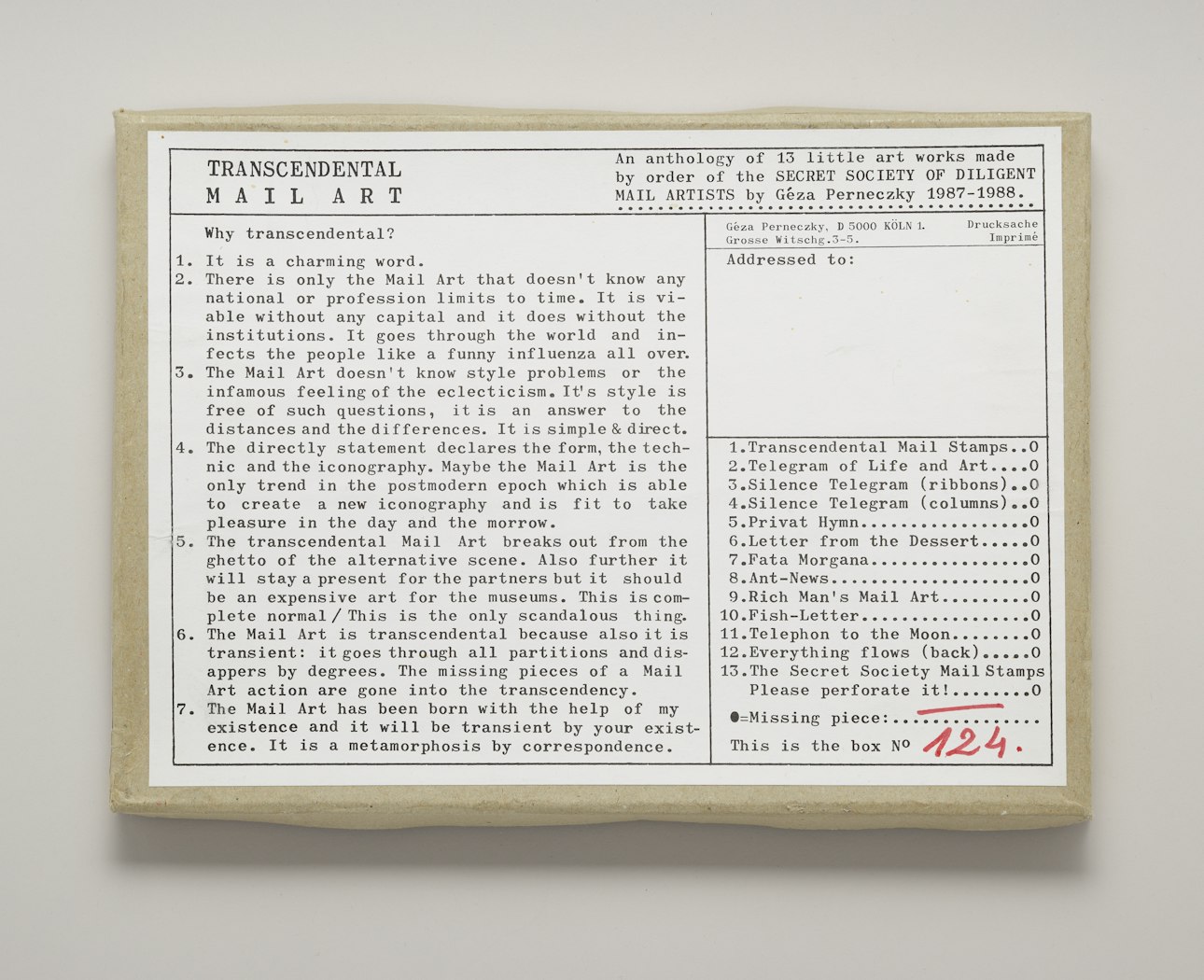 Transcendental mail art: an anthology of 13 little art works made by order of the Secret Society of Diligent Mail Artists.