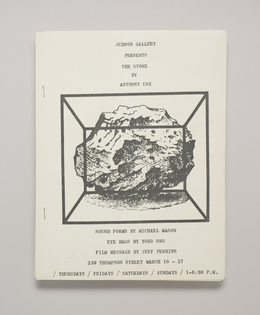 Publication for The Stone by Anthony Cox, Sound Forms by Michael Mason, Eye Bags by Yoko Ono, Film Message by Jeff Perkins, March 10-27, Judson Gallery, New York