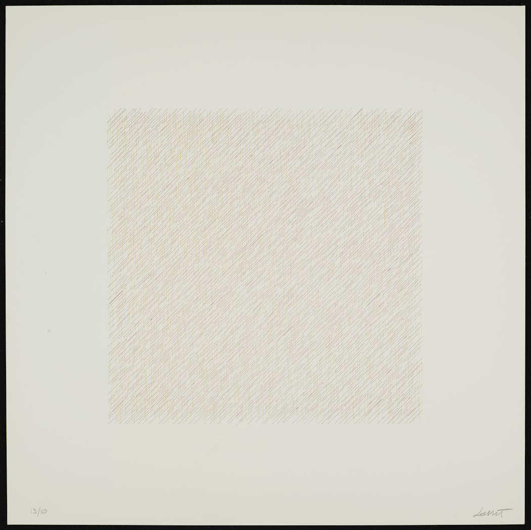 Red diagonal lines with yellow vertical lines from Lines of One Inch, Four Directions, Four Colors