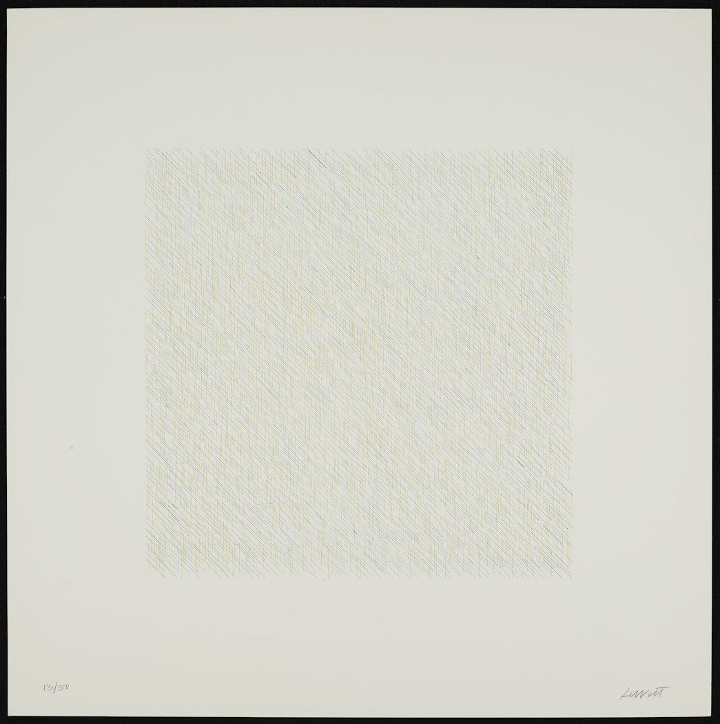 Blue diagonal lines and yellow vertical lines from Lines of One Inch, Four Directions, Four Colors
