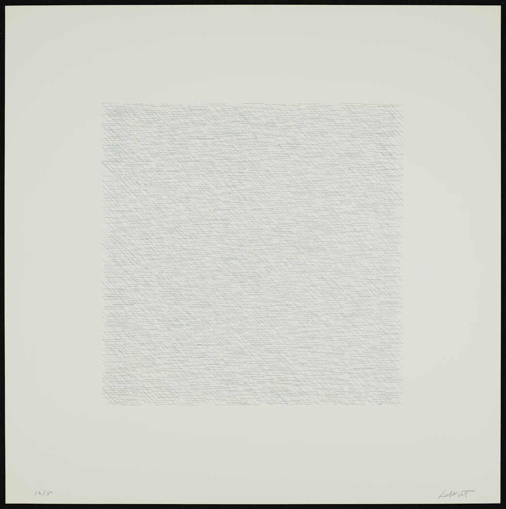 Blue diagonal lines with black horizontal lines from Lines of One Inch, Four Directions, Four Colors