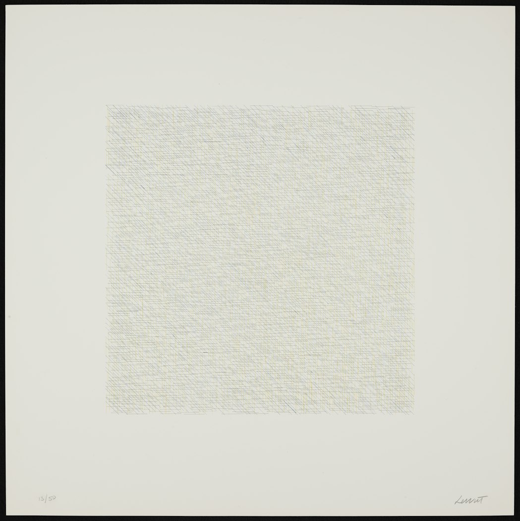 Blue diagonal, yellow vertical, black horizontal lines from Lines of One Inch, Four Directions, Four Colors
