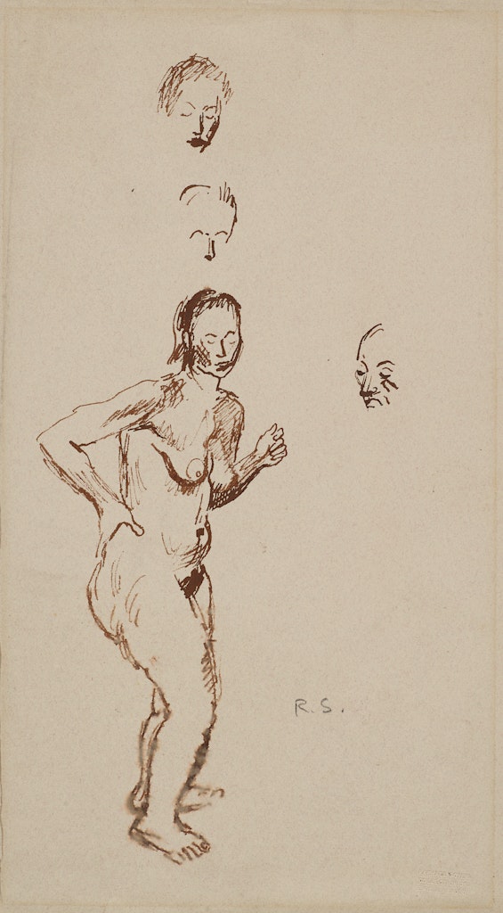 Standing Female Nude with Hand on Hip, Sketches of Three Heads