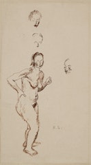 Standing Female Nude with Hand on Hip, Sketches of Three Heads