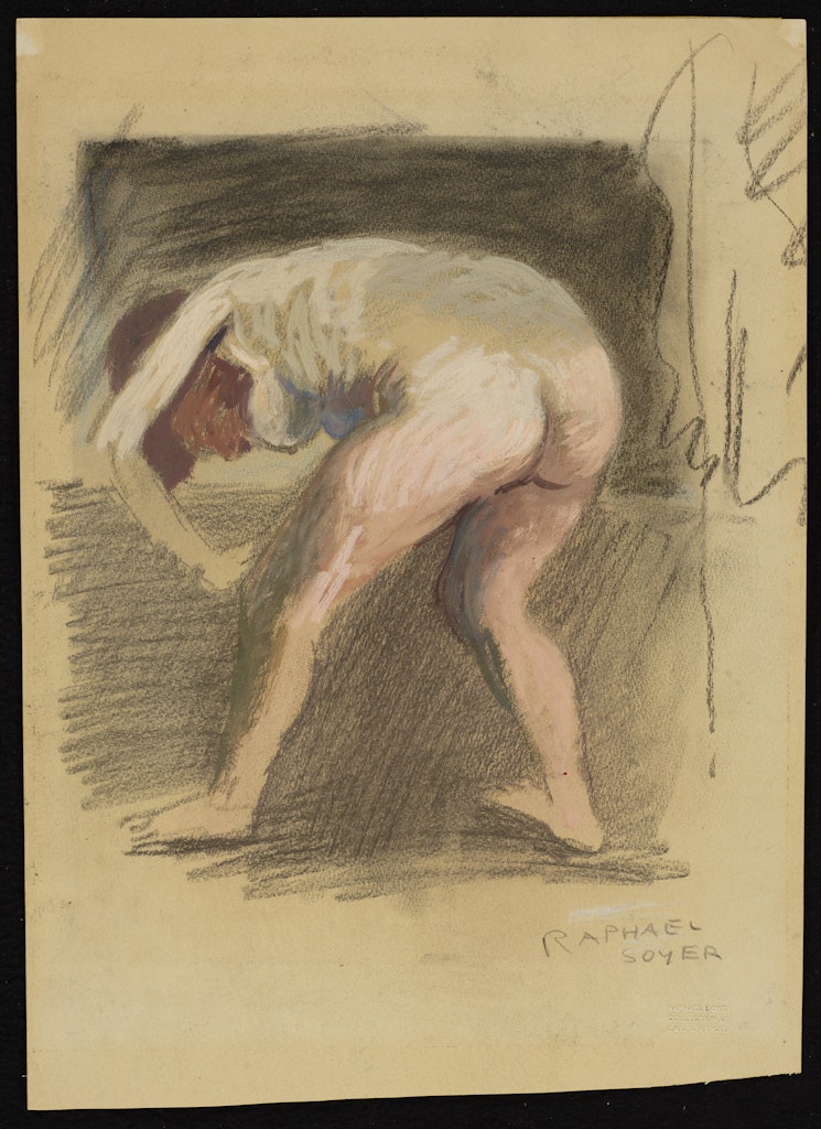 Female Nude Bending Over with Back Exposed and Left Hand on Knee