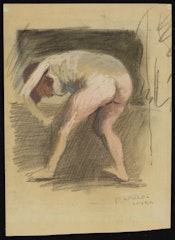 Female Nude Bending Over with Back Exposed and Left Hand on Knee