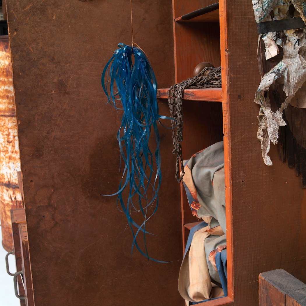 Gathered bundle of blue film leader