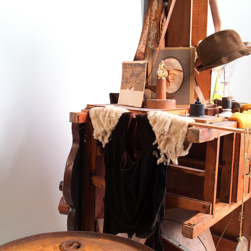 View shows various elements from one side of the work