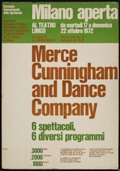 poster for Milano Aperta: Merce Cunningham Dance Company 6 spettacoli, 6 diversi programmi October 22, 1972