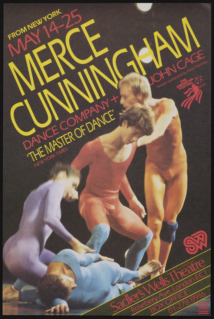 poster for Merce Cunningham Dance Company and John Cage: From New York.   Sadler's Wells Theatre May 14-25, 1985