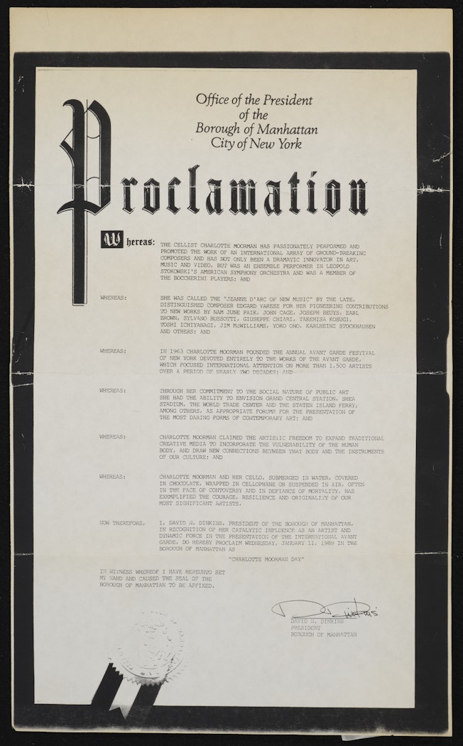 facsimile proclamation of Charlotte Moorman Day, January 11, 1989, signed by David Dinkins