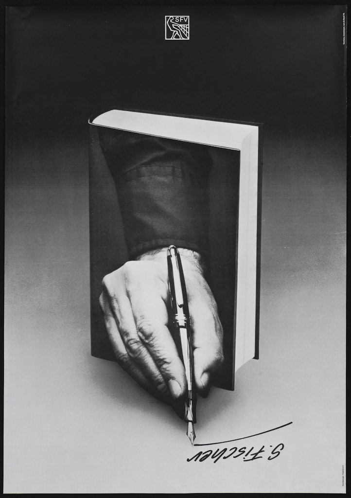 Poster for S. Fischer Publishing House, Image of book and hand in book