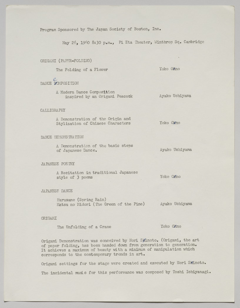 Program for event demonstrating traditional Japanese arts.  Sponsored by the Japan Society of Boston, featuring Yoko Ono and Ayako Uchiyama, Pi Eta Theater, Cambridge, Mass. 
