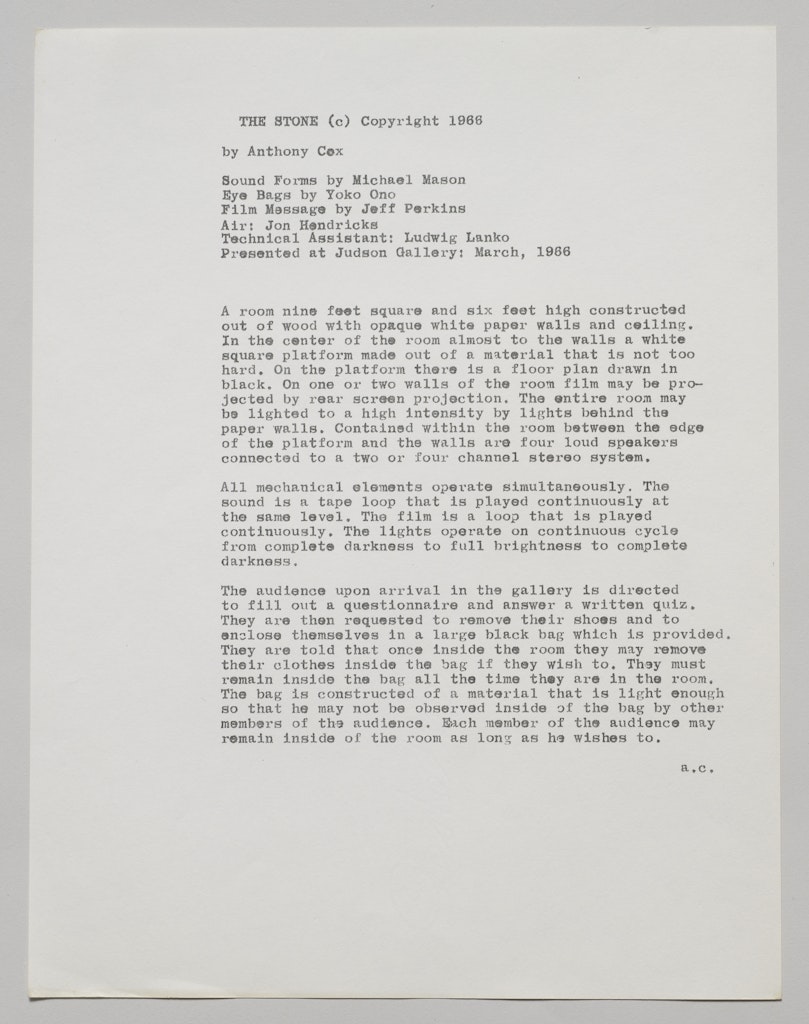 Description of The Stone by Anthony Cox, Judson Gallery, New York