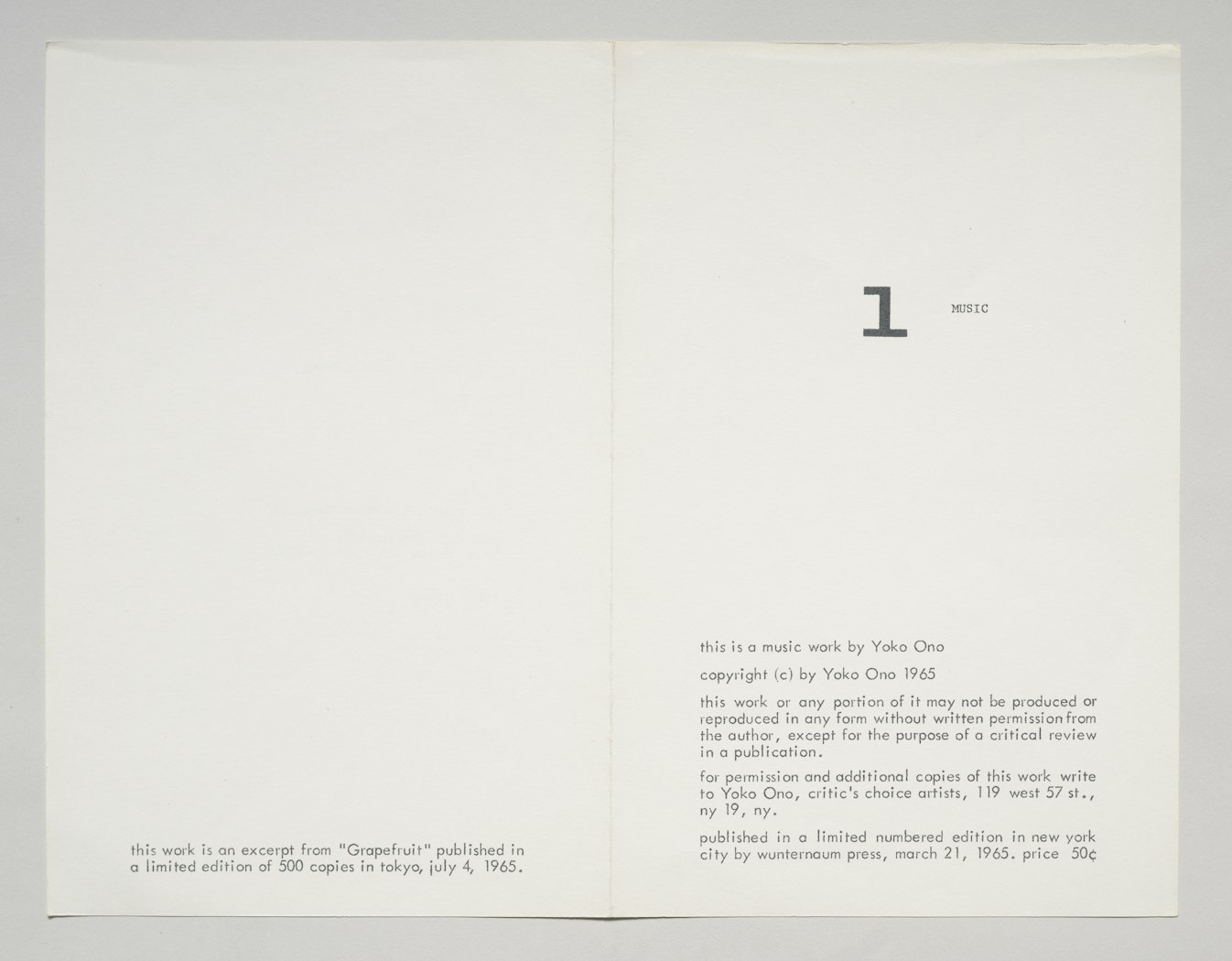 Promotional sheet for Grapefruit with scores for Line Piece to La Monte Young I & II 