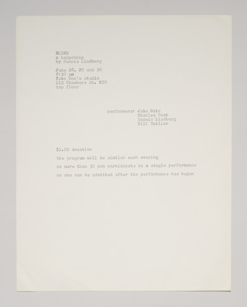 Program for "Blind: A Happening" by Dennis Lindberg, from Chambers Street Loft Series, Yoko Ono's Loft, New York