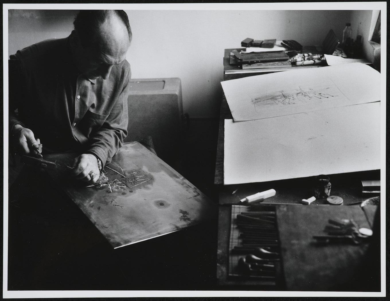 Johnny Friedlaender working, artist's studio, Paris