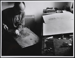 Johnny Friedlaender working, artist's studio, Paris
