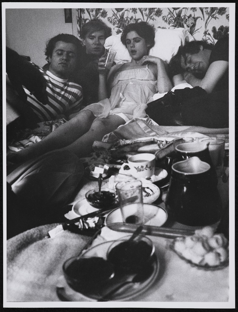 Andy Warhol in hotel, Paris; with Gerard Malanga, Edie Sedgwick and Chuck Wein