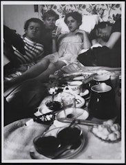 Andy Warhol in hotel, Paris; with Gerard Malanga, Edie Sedgwick and Chuck Wein