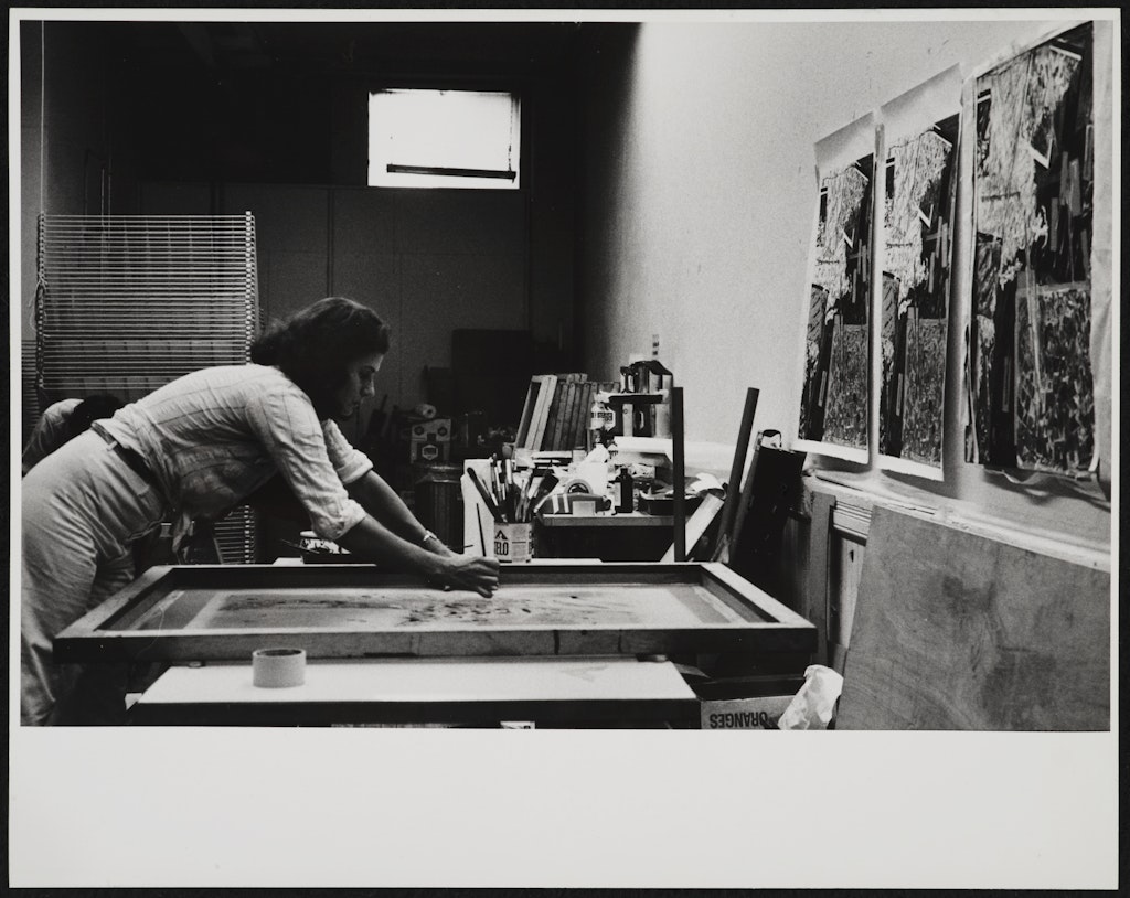 Nancy Graves working, artist's studio, unidentified location