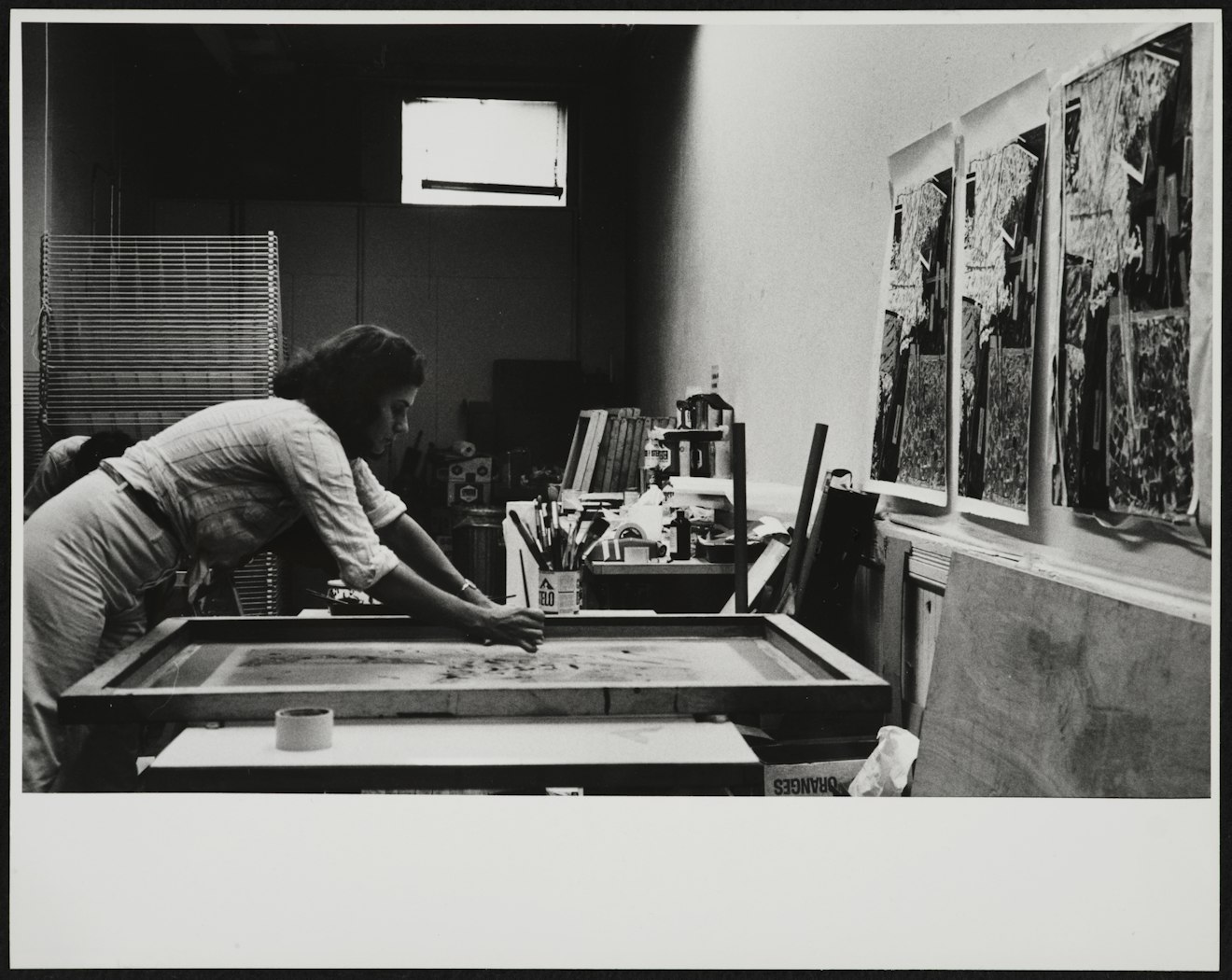 Nancy Graves working, artist's studio, unidentified location