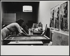 Nancy Graves working, artist's studio, unidentified location