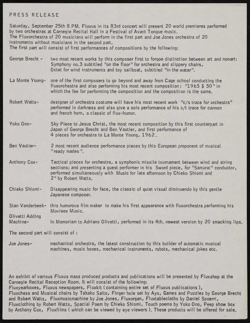 Press release for Fluxorchestra at Carnegie Recital Hall, New York