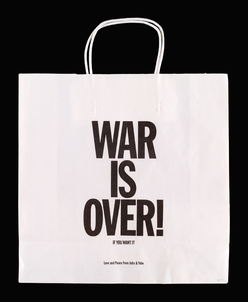 front of bag “War Is Over”